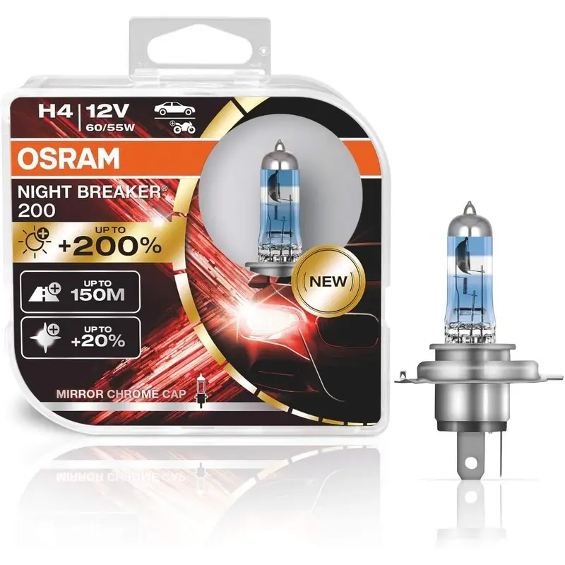 Lampade H4 OSRAM Night Breaker 200 12V 60/55W +200% Luce 2 Pezzi