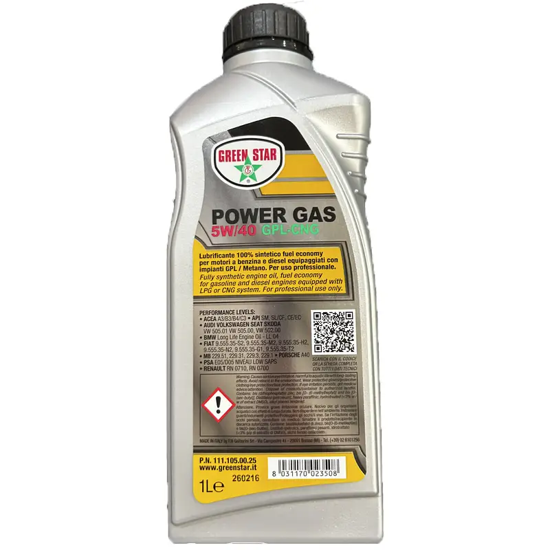 Olio Motore 5W40 Sintetico GPL Metano Green Star Power Gas 1L